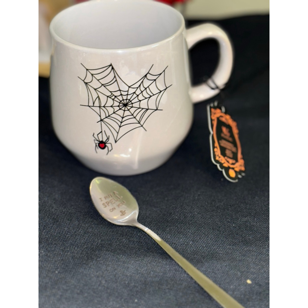 Halloween Mug with Spiderweb, Red Spider & Spoon, One Size, White